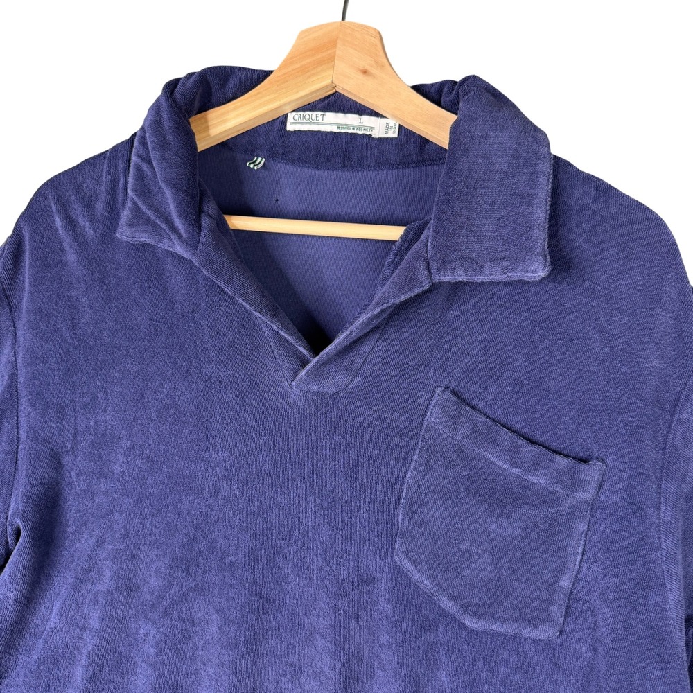 Criquet Mens Terry Cloth Polo Shirt Large Navy Blue V-Neck Short Sleeve Pocket